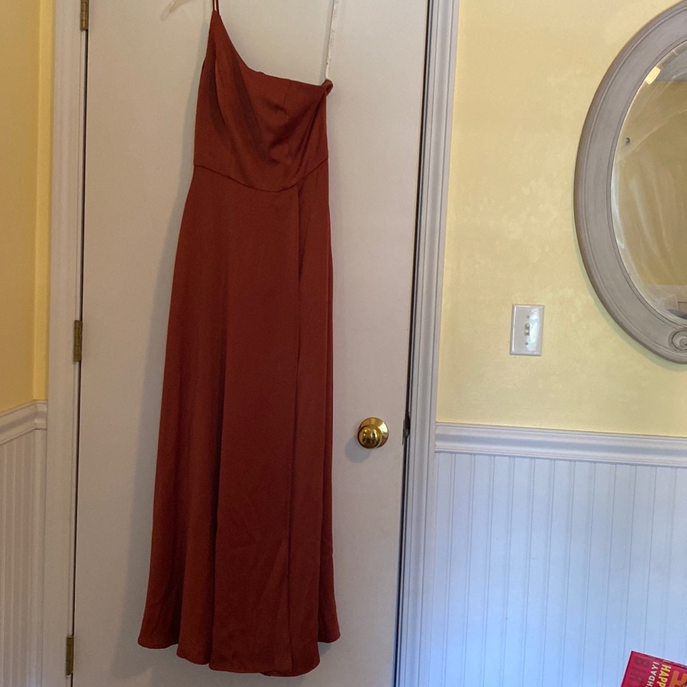 David’s Bridal Crepe-Back Satin One-Shoulder bridesmaid dress in cinnamon